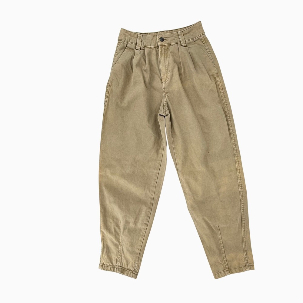 Bershka Pleated Balloon Pants Women Size 4 Tan Khaki Good High Waist Tapered